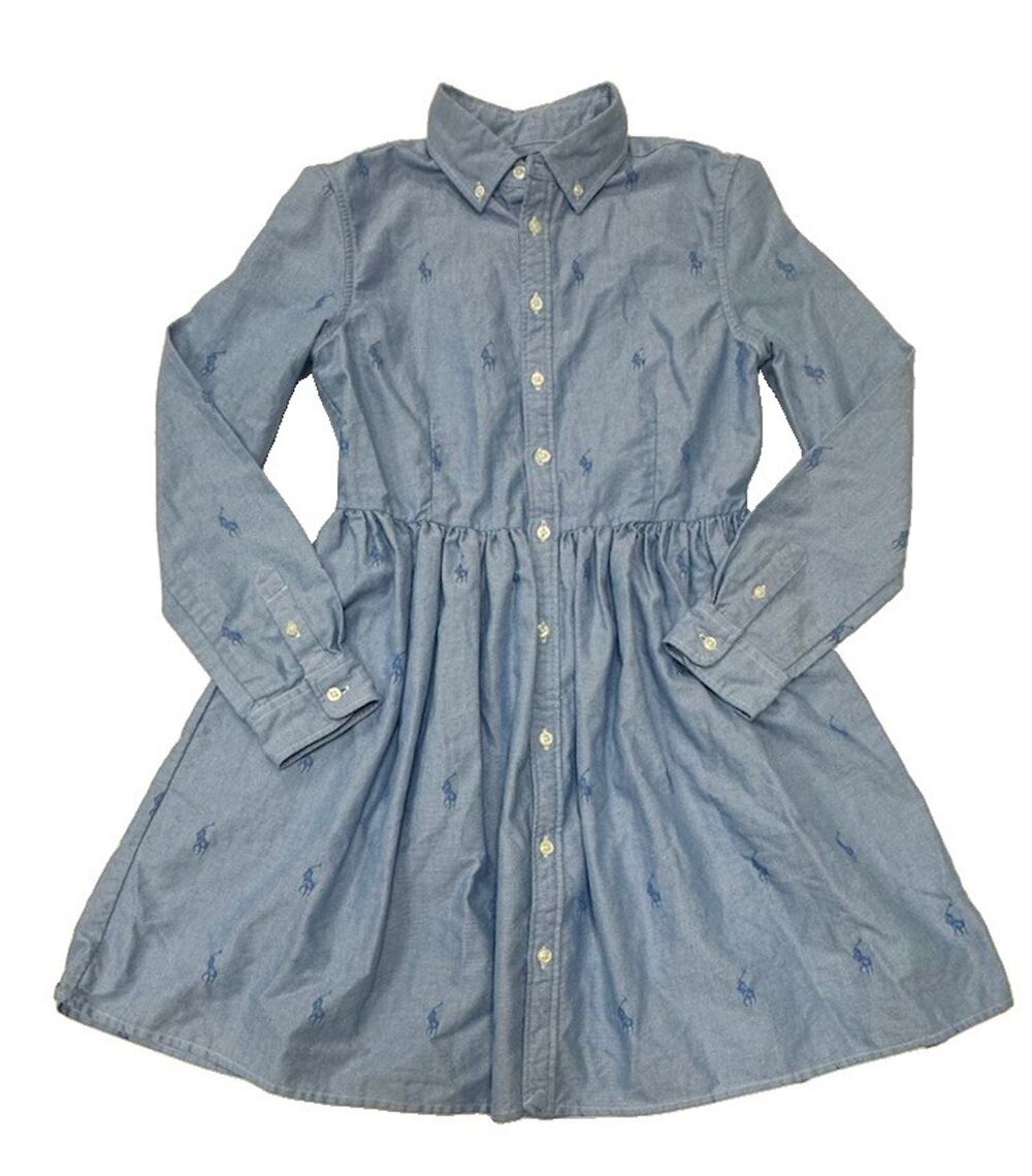Ralph Lauren Blue Oxford Long Sleeve Shirt Dress Girls 14 Horse Print Preppy EUC